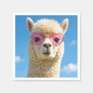 Alpaka mit rosa herzförmiger Brille Serviette