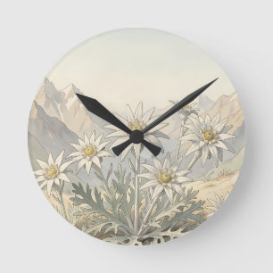 Alpen-Edelweiß-Blumen Berglandschaft Runde Wanduhr