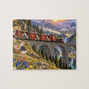 Alpen-Hasen-Postzug-Sonnenaufgang-Puzzle
