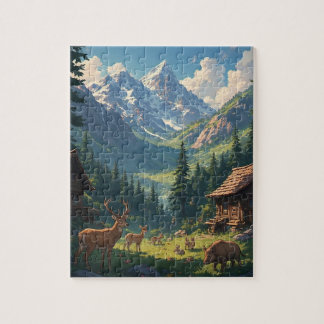 Alpen-Tal-Hütte-Hirsch-Landschaft-Puzzle