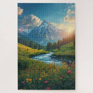 Alpenfluss-Sonnenaufgang – Friedliche Berglandscha