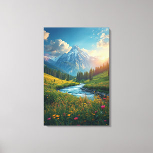 Alpenfluss-Sonnenaufgang – Friedliche Berglandscha Leinwanddruck