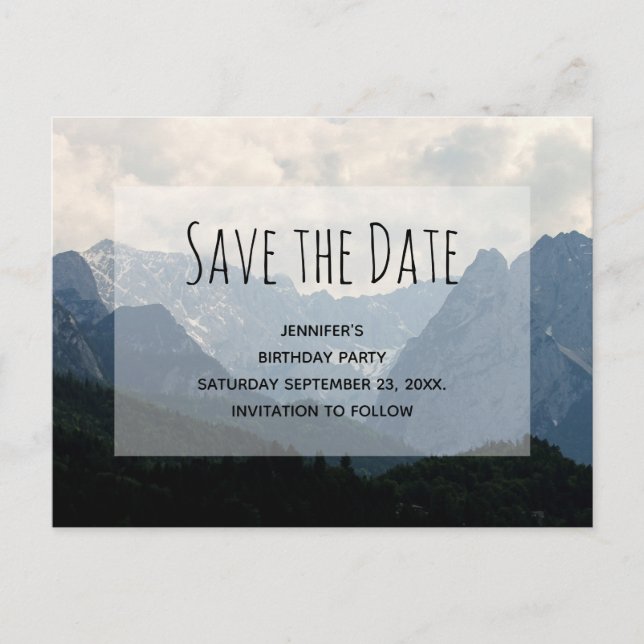 Alpengebirge Land Geburtstag Save the Date Einladungspostkarte (Vorderseite)