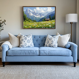 Alpenwiese mit Blume und kleiner Hütte Leinwanddruck