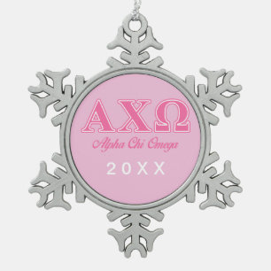 Alpha Chi Omega rosa Buchstaben Schneeflocken Zinn-Ornament