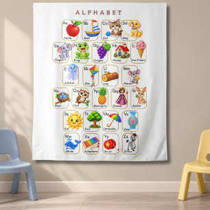 Alphabet A bis Z Tiere und Objekte Kinder Wandteppich