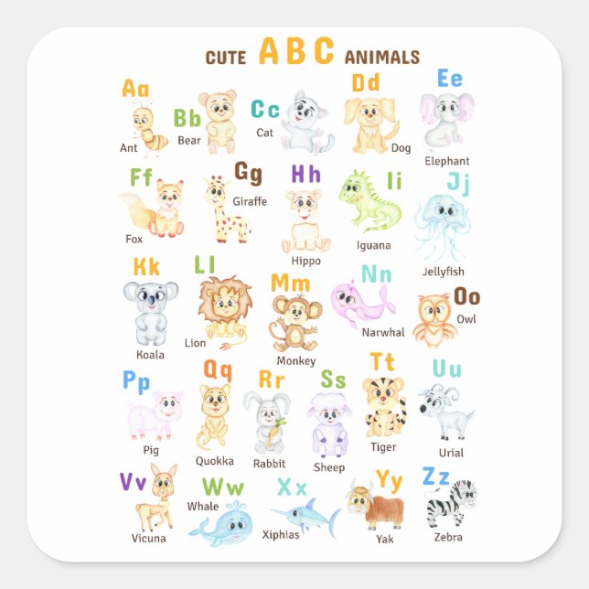 Alphabet Animal ABC Niedliche Tiere Quadratischer Aufkleber (Vorderseite)