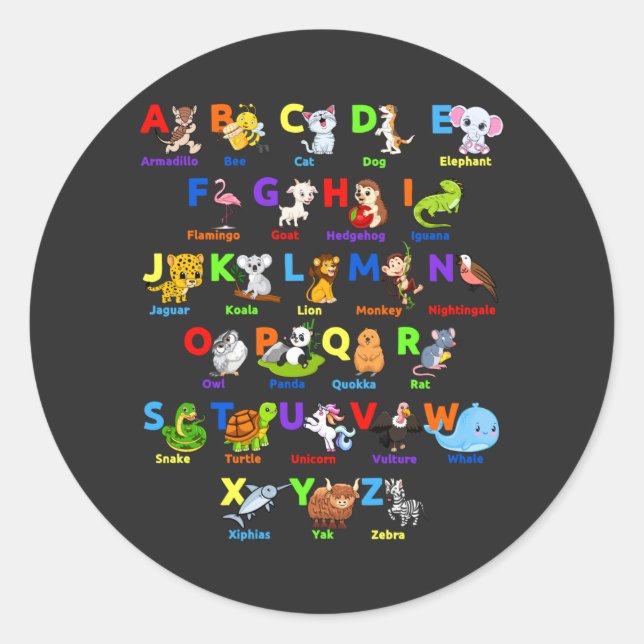 Alphabet Animal ABCs Learning Runder Aufkleber (Vorderseite)