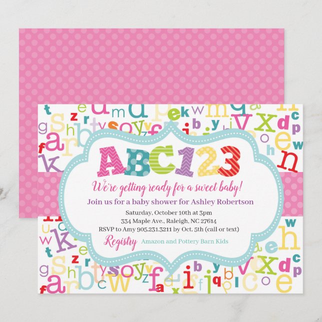 Alphabet-Baby-Dusche Einladung (Vorne/Hinten)