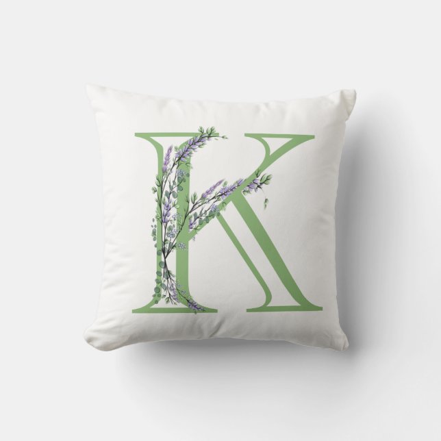 Alphabet Brief K Aquarelllavender Eukalyptus Kissen (Vorderseite)