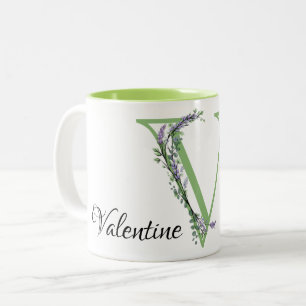 Alphabet Buchstabe V, Aquarelllavender botanisch Zweifarbige Tasse