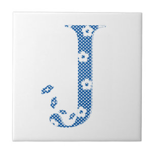 Alphabet der Blume J (blau und Punkte) Fliese