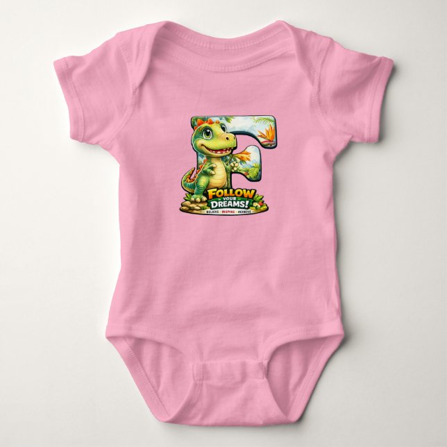 🦖💖 Alphabet Dino “F” Baby Jersey Bodysuit 👶✨ Strampler (Vorderseite)