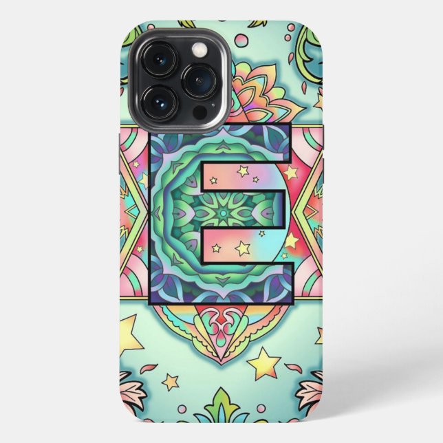 Alphabet E mandala iPhone 13 Pro Max Hülle (Rückseite)