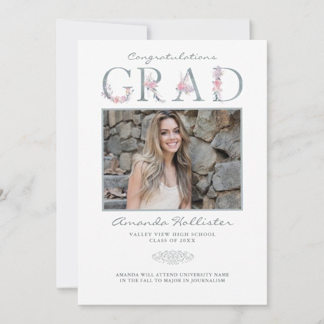 Alphabet floral - Faire-part de graduation photo (Devant)