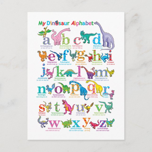 Alphabet-Liste der Dinosaurier Postkarte (Vorderseite)