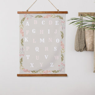 Alphabet Mädchen Hellrosa Blumen  Wandteppich Mit Holzrahmen