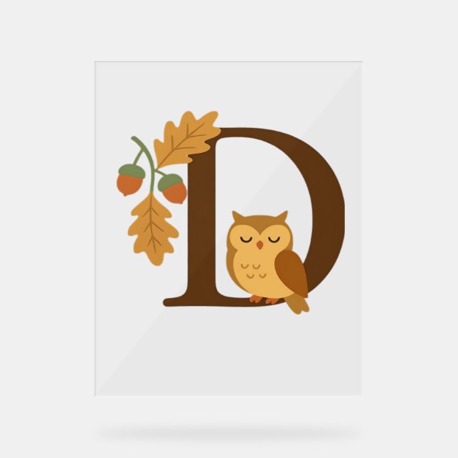 Alphabet Monogram Letter D - Owl mit Oak L Acrylschild (Vorderseite)