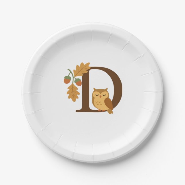 Alphabet Monogram Letter D - Owl mit Oak L Pappteller (Vorderseite)