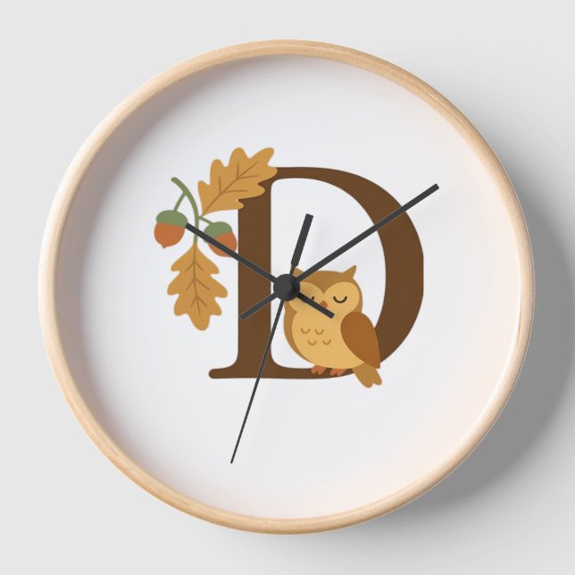 Alphabet Monogram Letter D - Owl mit Oak L Uhr (Vorderseite)
