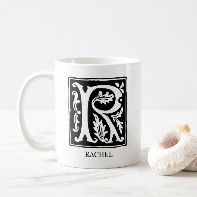 Alphabet-Ornamentik-Letter R Mit Monogramm Kaffeetasse (Mit Donut)