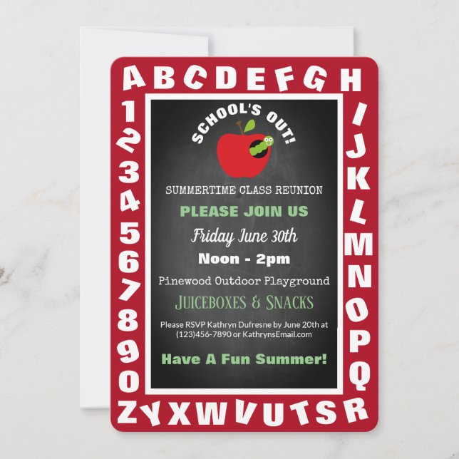 Alphabet "School's Out" Sommerspielplatz Einladung (Vorderseite)
