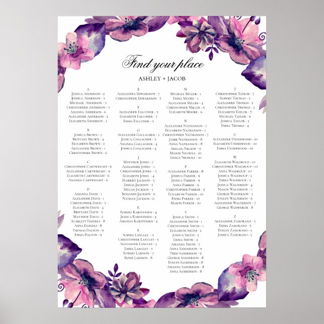 Alphabet Sitzkarte. Lila und rosa Blume Poster (Vorne)
