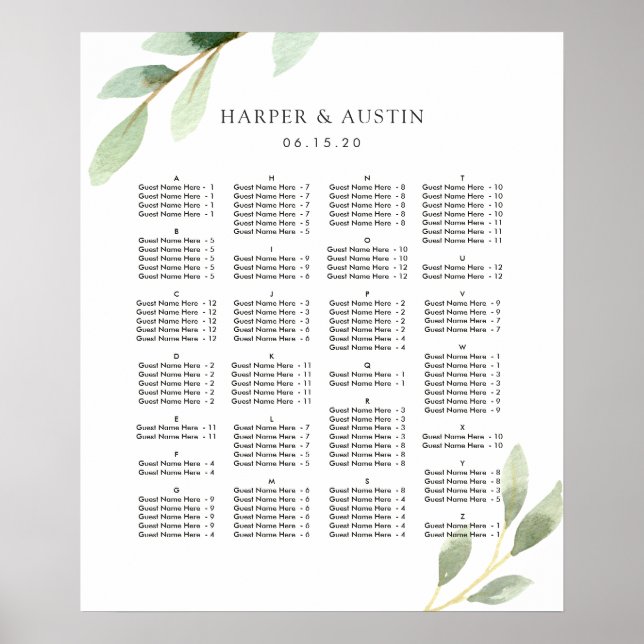 ALPHABETISCH BESTELLTE grüne Hochzeitstabelle Poster (Vorne)