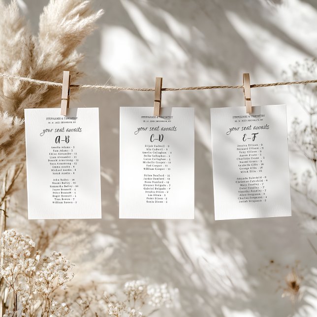 Alphabetische Moderne Sitzliste für Hochzeitsgäste (Streamlined and organized wedding seating chart featuring a convenient alphabetical name arrangement)
