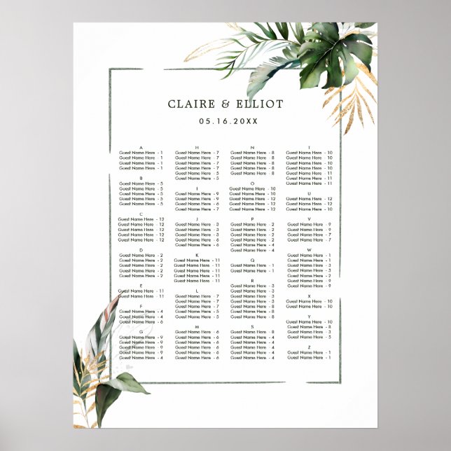 ALPHABETISCHE ORDER Tropische Hochzeitstabelle Poster (Vorne)