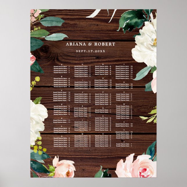 ALPHABETISCHE Ordnung Rustikale Holzsitzkarte Poster (Vorne)