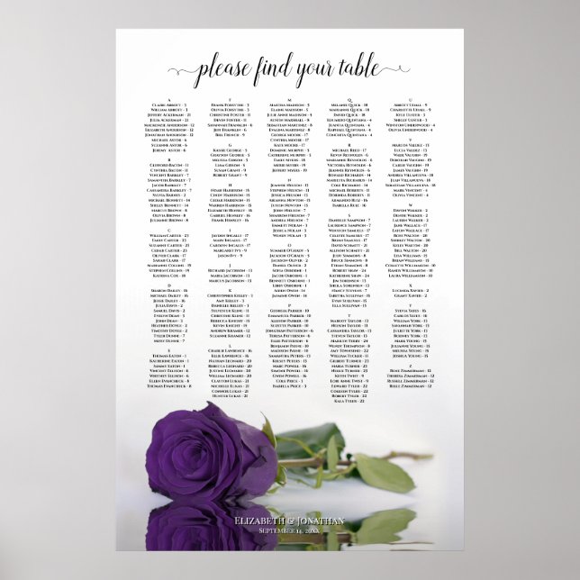 Alphabetische Sitzkarte der Royal Lila Rose Poster (Vorne)