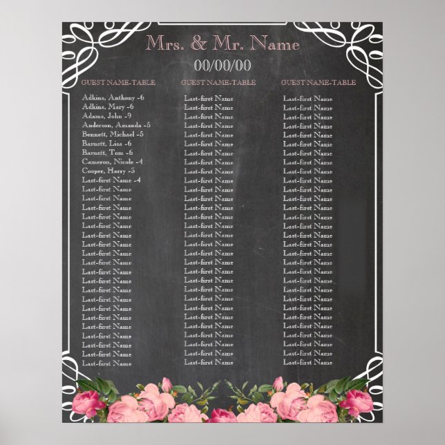 Alphabetische Sitzkarte für die Kopfplatte Poster (Vorne)