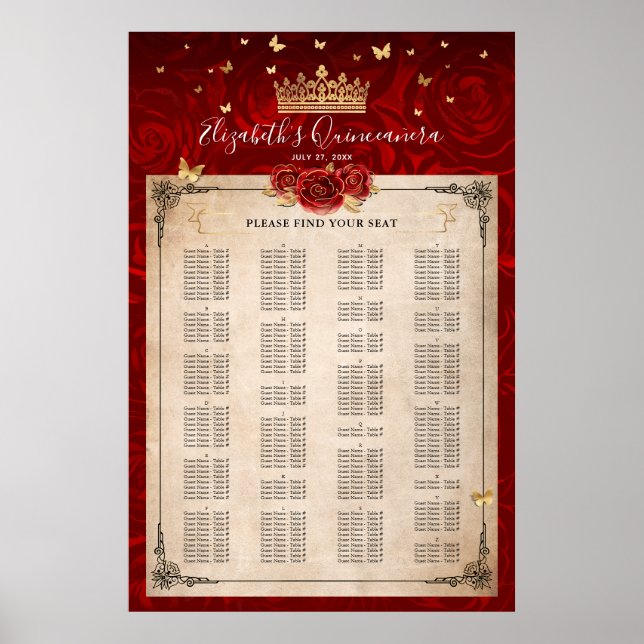 Alphabetische Vintage Rote Rose Gold Seating Chart Poster (Vorne)