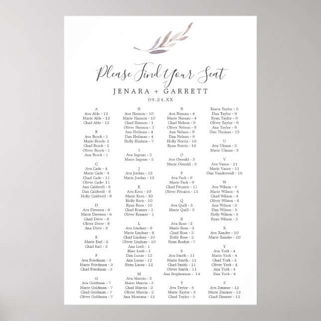 Alphabetische Wintergrün-Sitzkarte Poster (Vorne)