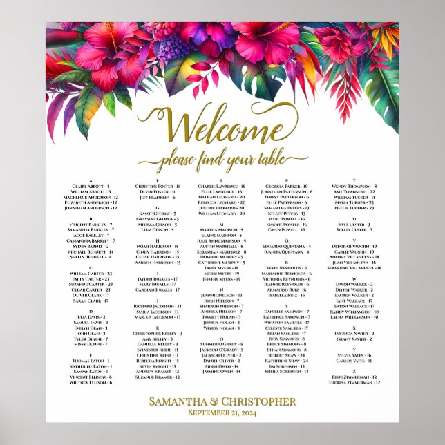 Alphabetischer Tropischer Garten Hochzeitsskalende Poster (Vorne)