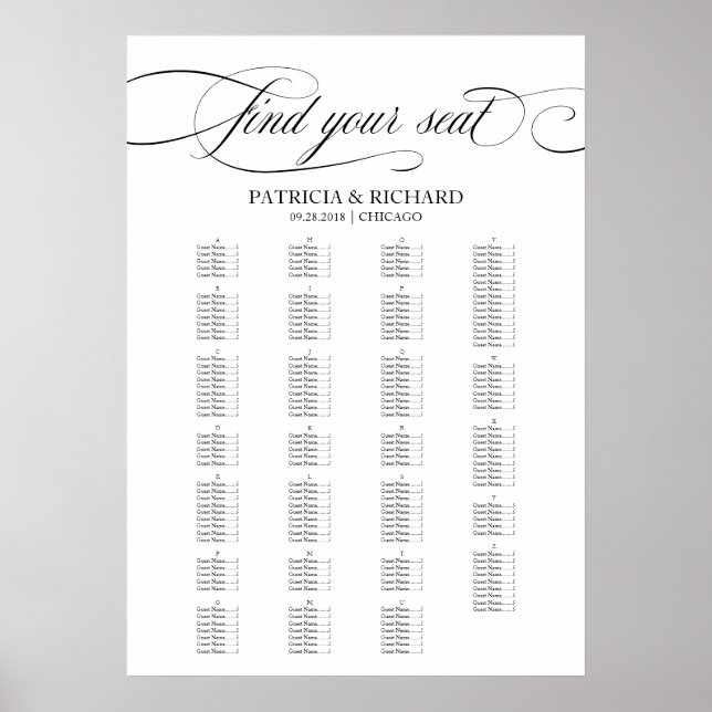 Alphabetisches Seating Chart Elegantes Schwarzes S Poster (Vorne)