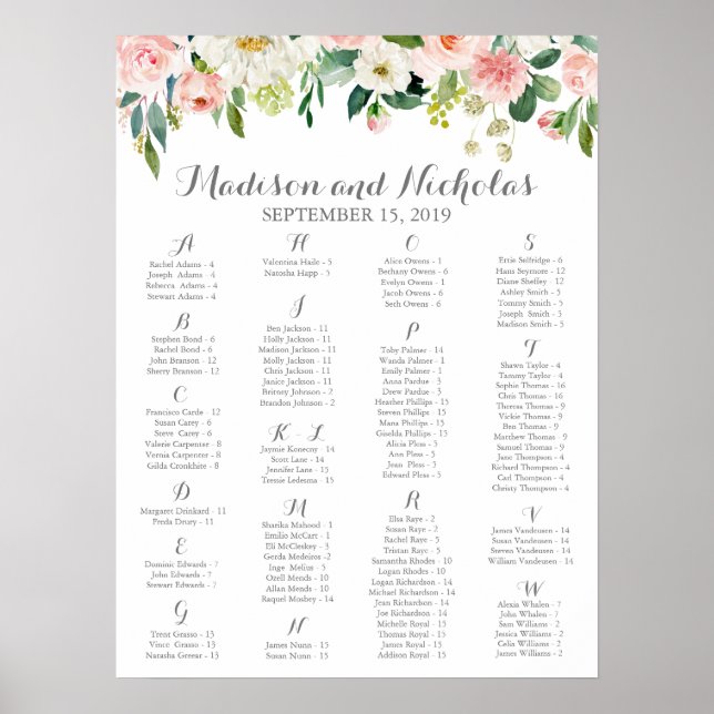 Alphabetisches Sitzdiagramm in Rosa und Weiße Blum Poster (Vorne)