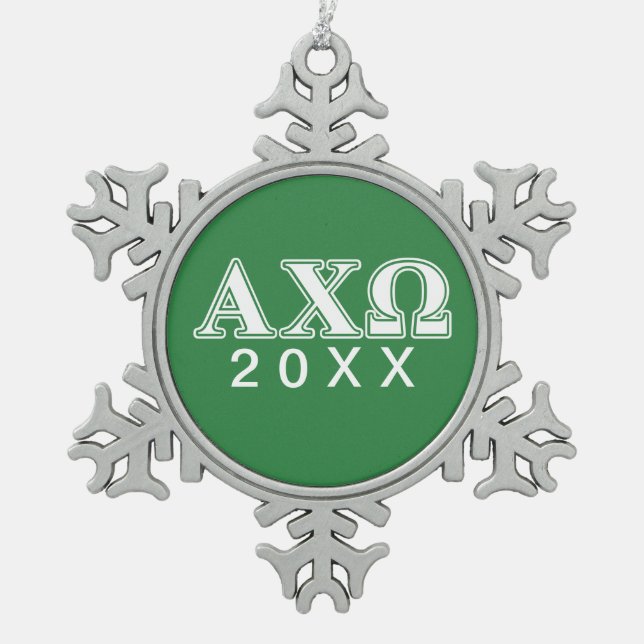 Alphi Chi Omega weiße und grüne Buchstaben Schneeflocken Zinn-Ornament (Vorderseite)