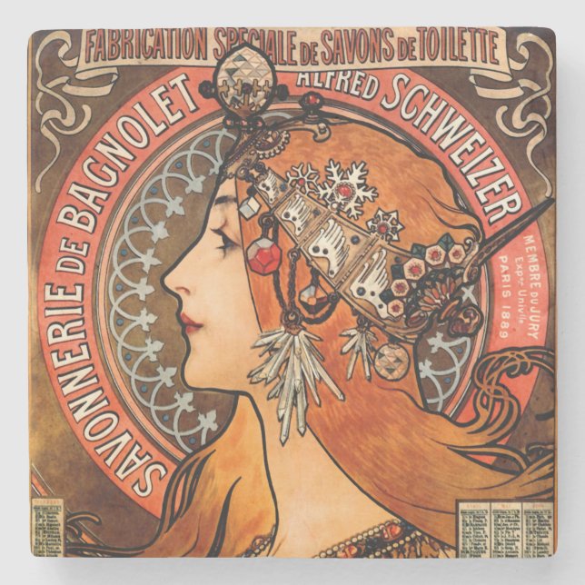 Alphone Mucha Beautiful Art Nouveau Lady Steinuntersetzer (Vorderseite)