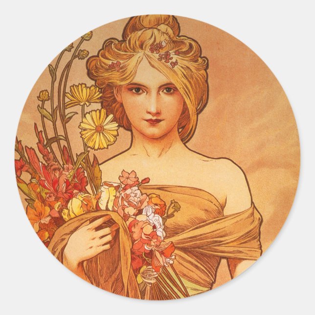 Alphonse (Alfons) Mucha  Blumenstrauß Runder Aufkleber (Vorderseite)