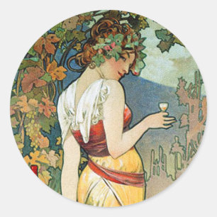 Alphonse (Alfons) Mucha: Kognak - Kunst Nouveau Runder Aufkleber