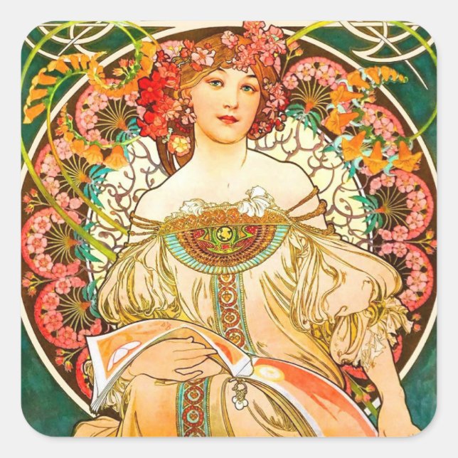Alphonse Mucha Art Nouveau Daydream Quadratischer Aufkleber (Vorderseite)