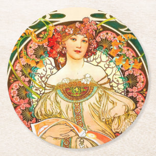 Alphonse Mucha Art Nouveau Daydream Runder Pappuntersetzer