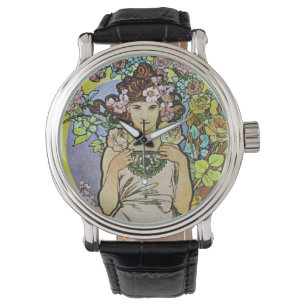 Alphonse Mucha Art Nouveau Floral Armbanduhr