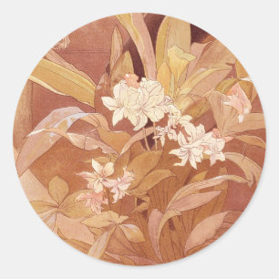 Alphonse Mucha Art Nouveau Floral Detail Runder Aufkleber