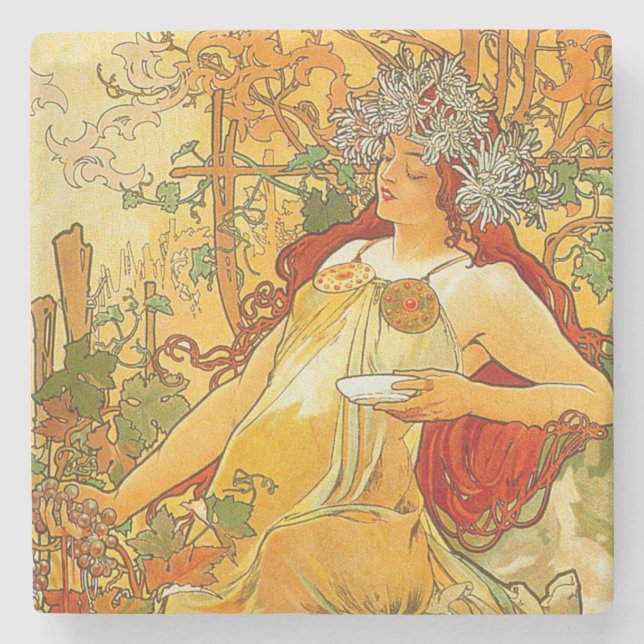 Alphonse Mucha Art Nouveau Herbst Steinuntersetzer (Vorderseite)