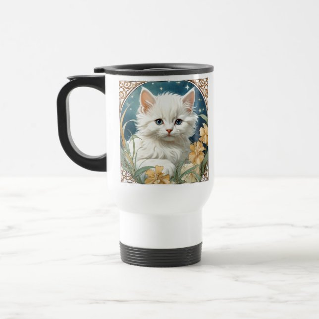 Alphonse Mucha Art Nouveau Kitten Reisebecher (Links)