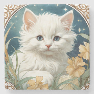 Alphonse Mucha Art Nouveau Kitten Steinuntersetzer