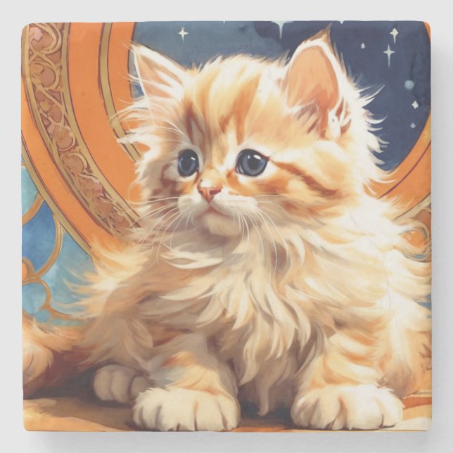 Alphonse Mucha Art Nouveau Orange Cat Steinuntersetzer (Vorderseite)